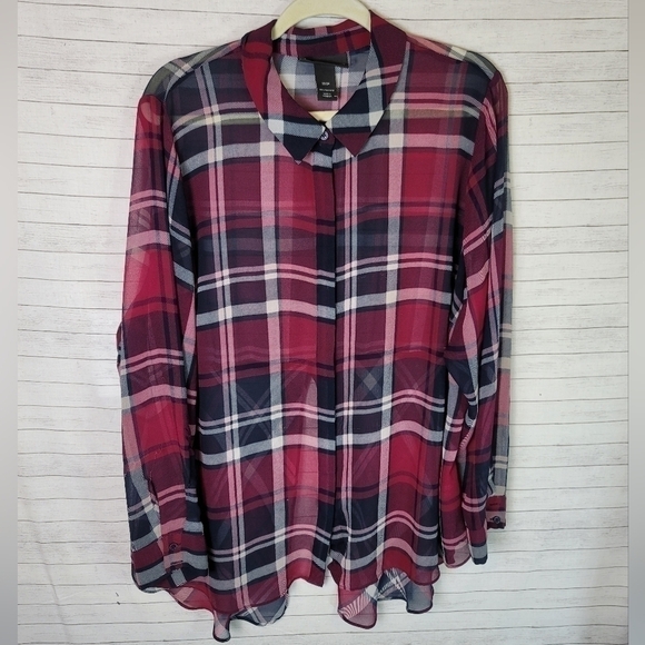 LANE BRYANT MAROON PLAID SHEER BUTTON DOWN, SZ 22/24 - Picture 1 of 9